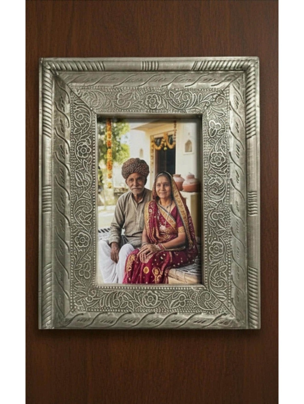 Vintage Indian Repousse Metal Picture Frame Hand Hammered  Boho 9 x 7